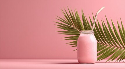 Pink smoothie in glass jar with straw, palm leaves, and solid pink background