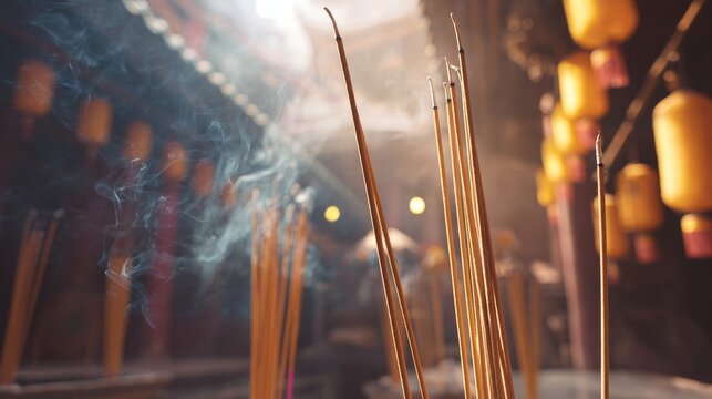 Close-up of burning incense sticks with smoke in a Buddhist temple, creating a serene spiritual atmosphere. Detailed view captures fragrance, tradition, meditative essence of Asian religious culture