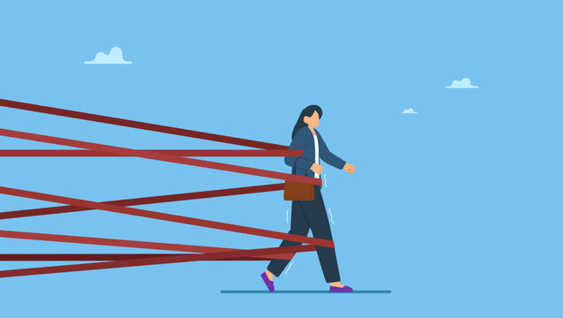 Strong businesswoman try with full effort to break red tape to growing in work. Gender barrier, woman career obstacle or inequality, limitation or discrimination, effort to overcome difficulty.