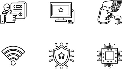 Technology icons set with user approval monitor star surveillance camera wifi shield and microchip in vector style