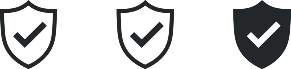 Shield checkmark icons set in progressive shading representing verification and protection in minimalist vector style
