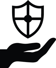Shield and hand icon representing protection support and security in minimalist vector style for safety concepts