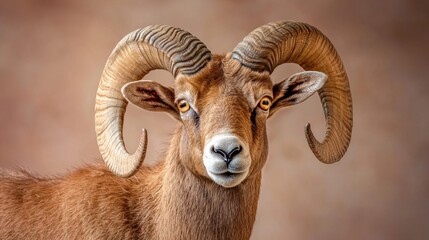 Majestic Close-Up of a Wild Mountain Sheep with Curly Horns