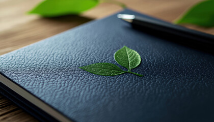 Sustainability concept notebook environmental focus with green leaf emblem on blue cover social responsibility report on wood desk governance planning with pen nearby