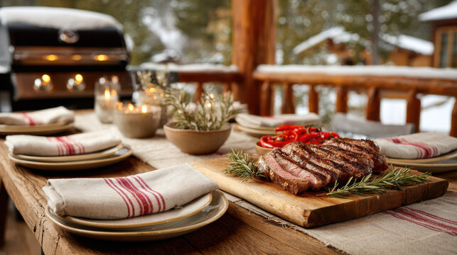 Festive new year family dining table with grilled steak and winter outdoor setting - Powered by Adobe