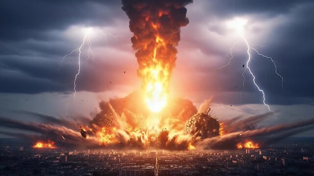 epic explosive blast with fireball and lightning over city