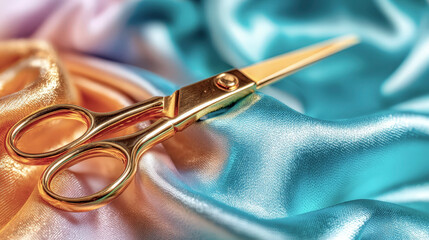 Embroidery scissors on colorful satin fabrics - flat lay close-up angled view for craft and sewing projects