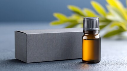 A small bottle with brown liquid, a box and a blurry green plant in the background
