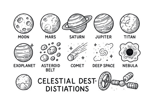 Space exploration linear icon set. featuring moon, mars, saturn, jupiter, titan, exoplanet, and asteroid belt