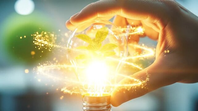 Hand holding glowing plant bulb, symbolizing sustainable net zero energy.