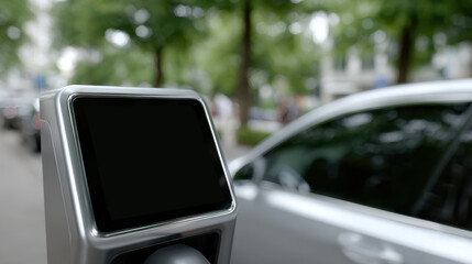 Close-up of digital screen on electric vehicle charging pillar in urban setting