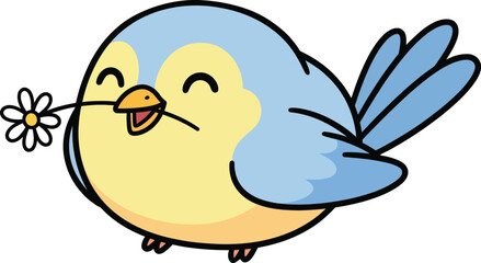 Adorable cartoon bluebird holding a small white flower in its beak smiling Keywords: bluebird, bird