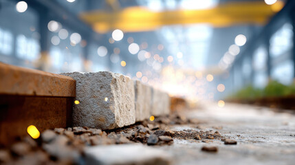 Close-up of brick laying in large warehouse with builder and sparks flying from metalwork