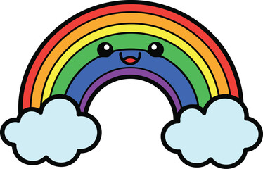 Adorable cartoon rainbow with smiling face and light blue clouds on a white background cute
