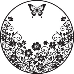 Black silhouette of a butterfly above a circular floral frame with blooming flowers and swirling vines