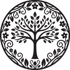 Black silhouette of a tree of life within a circular floral and vine border Keywords: tree, life