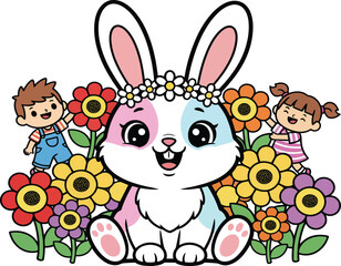 Cute cartoon bunny with flower crown surrounded by children and colorful flowers rabbit kids