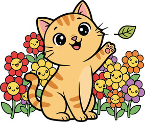 Cute orange tabby kitten waving paw among smiling cartoon flowers