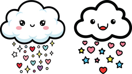 Cute Kawaii Clouds Raining Hearts and Stars on White Background