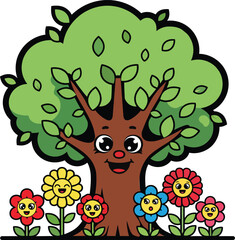 Happy Cartoon Tree with Smiling Flowers on a White Background