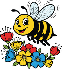 Flying Cartoon Bee with Yellow and Black Stripes and Colorful Flowers cute happy