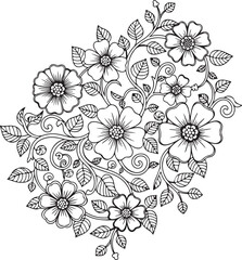 Intricate black and white floral pattern with swirling vines and detailed leaves and blossoms