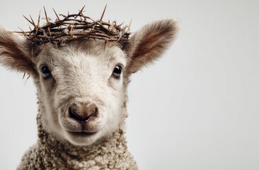 Innocent lamb wearing crown of thorns against pure white background. Sacrifice, purity, religious devotion. Gentle creature evokes feelings of peace, hope. Ideal for Easter spiritual themes