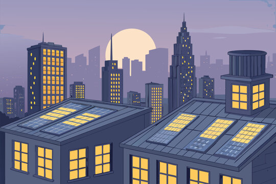 Rooftop Solar City Skyline Evening Backgro