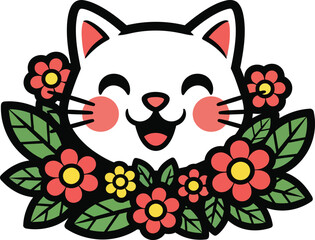 Kawaii White Cat Face with Coral Pink Flowers and Green Leaves Border on White Background