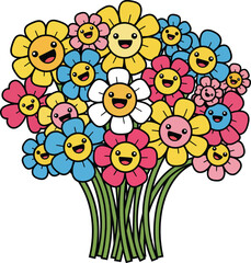 Large bouquet of colorful cartoon flowers with happy faces and green stems on white