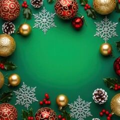 Christmas ornaments and snowflakes frame rich green background for festive announcement