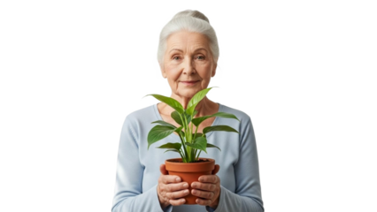 Smiling senior woman holding a potted plant with green leaves