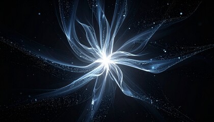 Futuristic glowing abstract form with intricate luminous tendrils and sparkling particles, evoking concepts of advanced technology, energy, and cosmic data