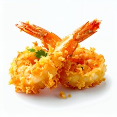 Golden crispy shrimp tempura, creatively arranged on a clean white backdrop