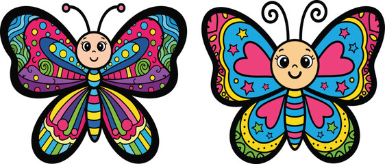 Two colorful cartoon butterflies with intricate patterns and smiling faces on a white background butterfly