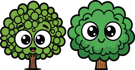 Two cute cartoon trees with big eyes and happy expressions on a white background