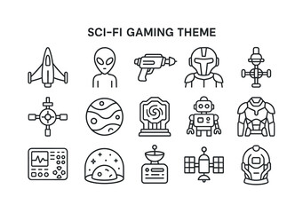 Fototapeta premium Sci-fi gaming linear icon set. featuring spaceship, alien, ray gun, robot, and astronaut suit symbols