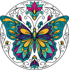 Ornate circular mandala featuring a vividly colored butterfly and floral motifs Keywords: butterfly