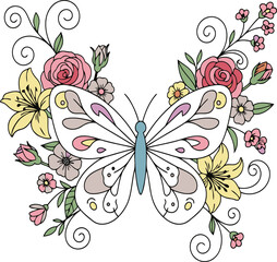 Whimsical hand-drawn butterfly with pastel colored wings surrounded by blooming flowers and vines