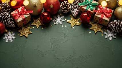 Traditional christmas decorations including ornaments gifts and pine cones forming a beautiful holiday border on deep textured green backdrop with golden bokeh