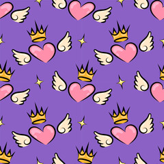 Fototapeta premium Cute seamless pattern with pink hearts, angel wings and golden crowns on purple background. Romantic cartoon illustration for Valentine’s Day, love designs, kids products, wrapping paper and textile.