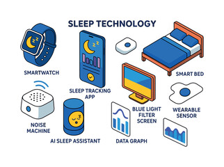 Sleep technology flat icons set. featuring smartwatch, sleep tracking app, noise machine, ai sleep assistant, and smart bed