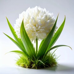 Delicate white pompom flower arrangement with vibrant green leaves on a pristine white backdrop