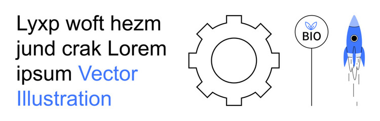 Technology, sustainability, innovation, scientific discovery, development process, and clean energy. Gear icon, Bio symbol rocket launch and placeholder text. Technology and sustainability concepts