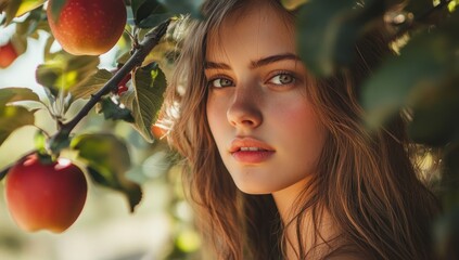 Intimate portrait of a young woman with natural beauty peeking through lush apple tree leaves and ripe red apples in a sunlit orchard.
