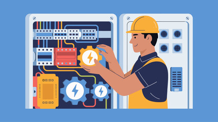 electrician working on an electrical control panel flat vector illustration