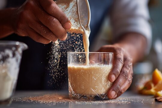 Hands pouring Coquito Guayaba into glass using a metal strainer, creamy liquid contrasts against warm kitchen backdrop. Concept of inviting atmosphere, Guava eggnog cream Puerto Rican.