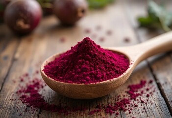Vibrant beet powder mounded on a wooden spoon, showcasing its rich color and natural essence. beet powder. beet powder