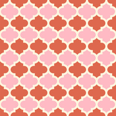 Moroccan Trellis Quatrefoil Tile Mosaic Seamless Vector Pattern, Geometric Background Design in Pink and Warm Earthy Terracotta Colors