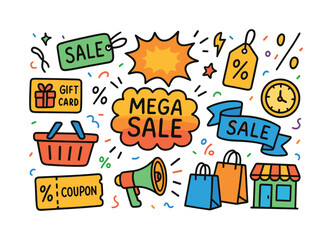 Shopping and sales flat icon set. featuring discount, gift card, sale, coupon, shopping bags, and store symbols